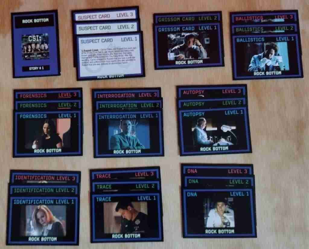 CSI board game: These are all the cards for just the first crime. The clues are on the back.