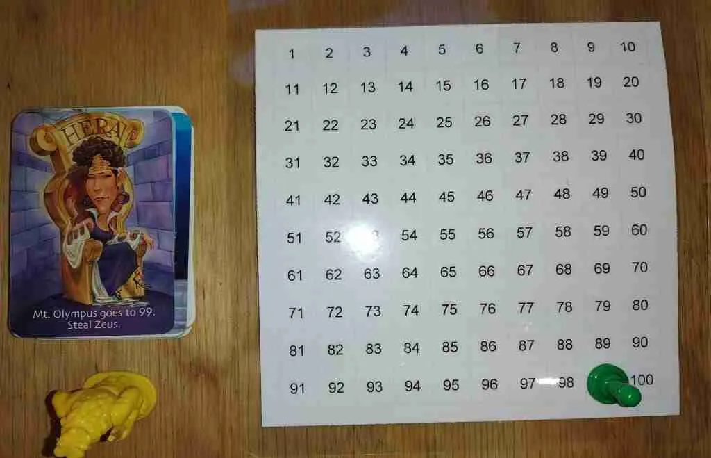 We sometimes play Zeus on the Loose with a 100 chart, so it's easier for our kids to keep track of the score.