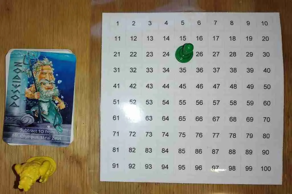We sometimes play Zeus on the Loose with a 100 chart, so it's easier for our kids to keep track of the score.