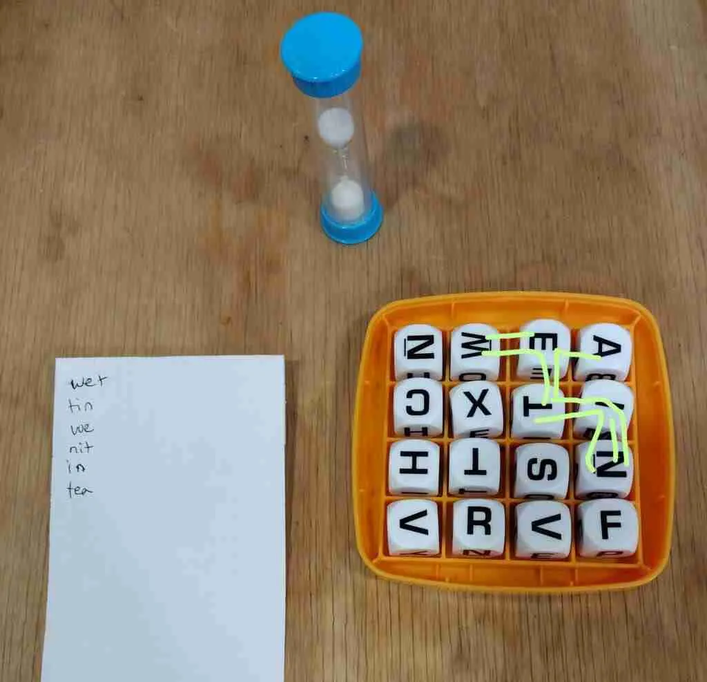 Playing Boggle, we found:
wet
tin
we
nit
in
tea