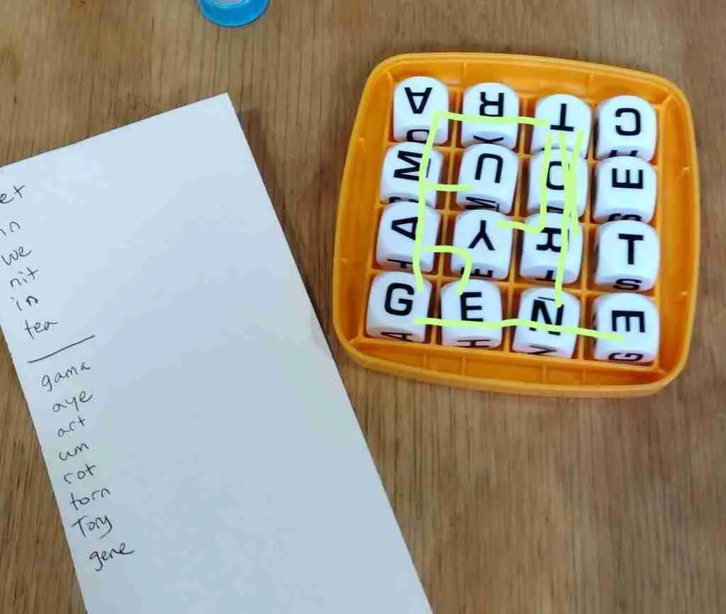 Playing Boggle, we found:
gama
aye
art
um
rot
torn
tory
gene