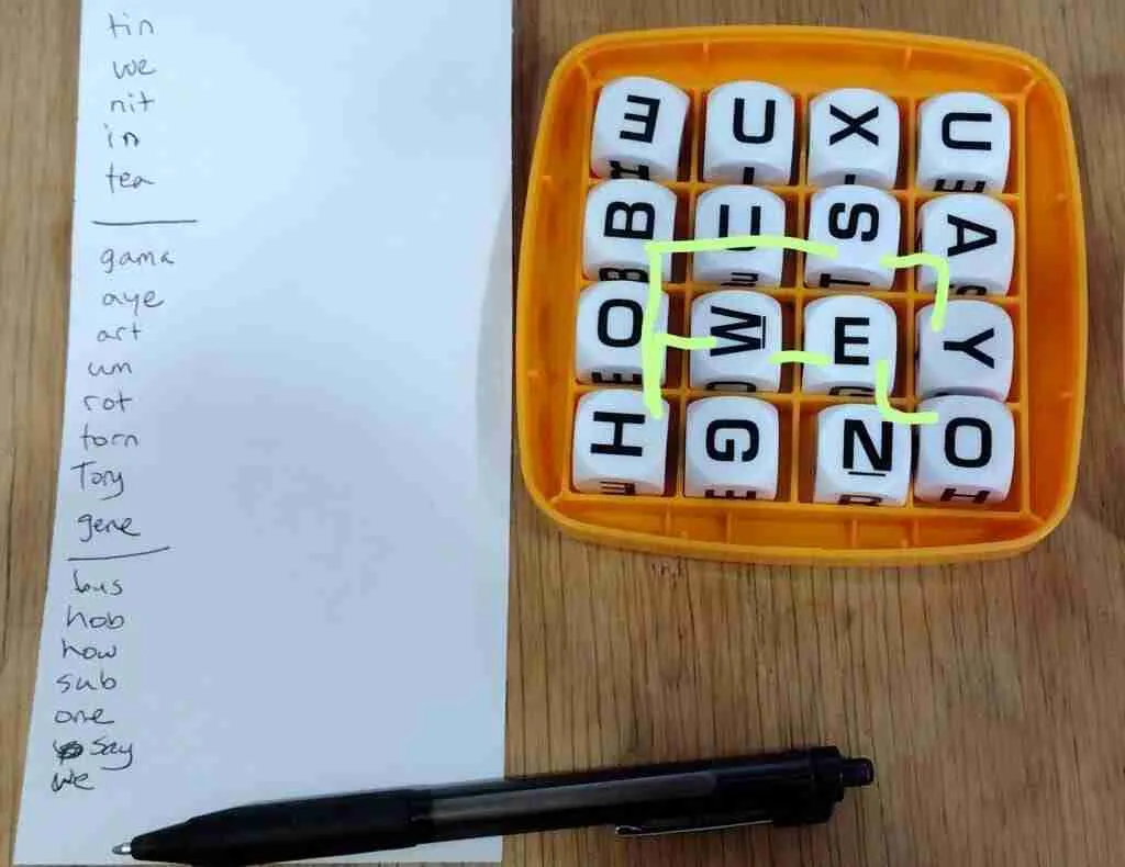 Playing Boggle, we found:
bus
hob
how
sub
one
say
we