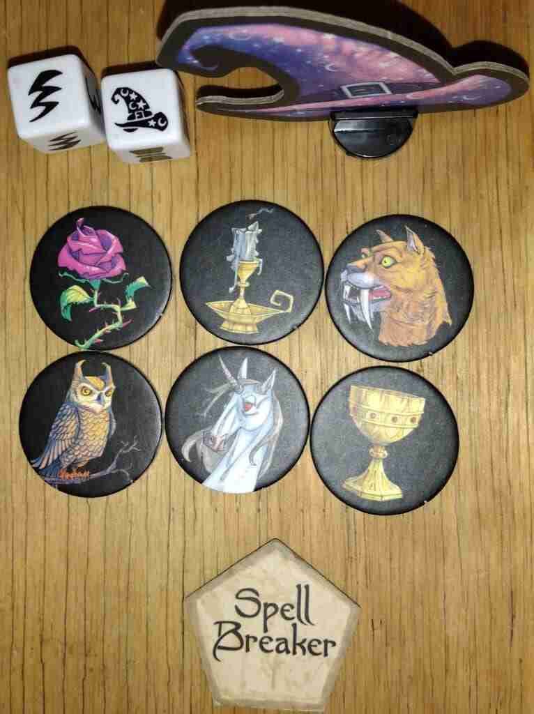 Cauldron Quest: wizard, path blockers, spell breaker token, and dice showing wizard spell
