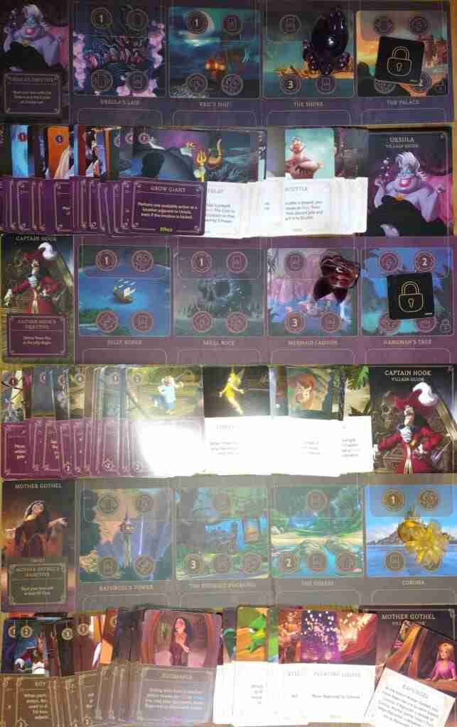 Villainous: cards and boards for Ursula, Hook, and Mother Gothel.