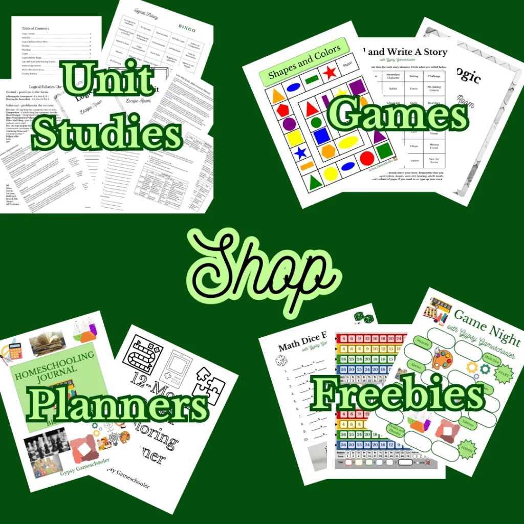 shop: unit studies, games, planners, freebies