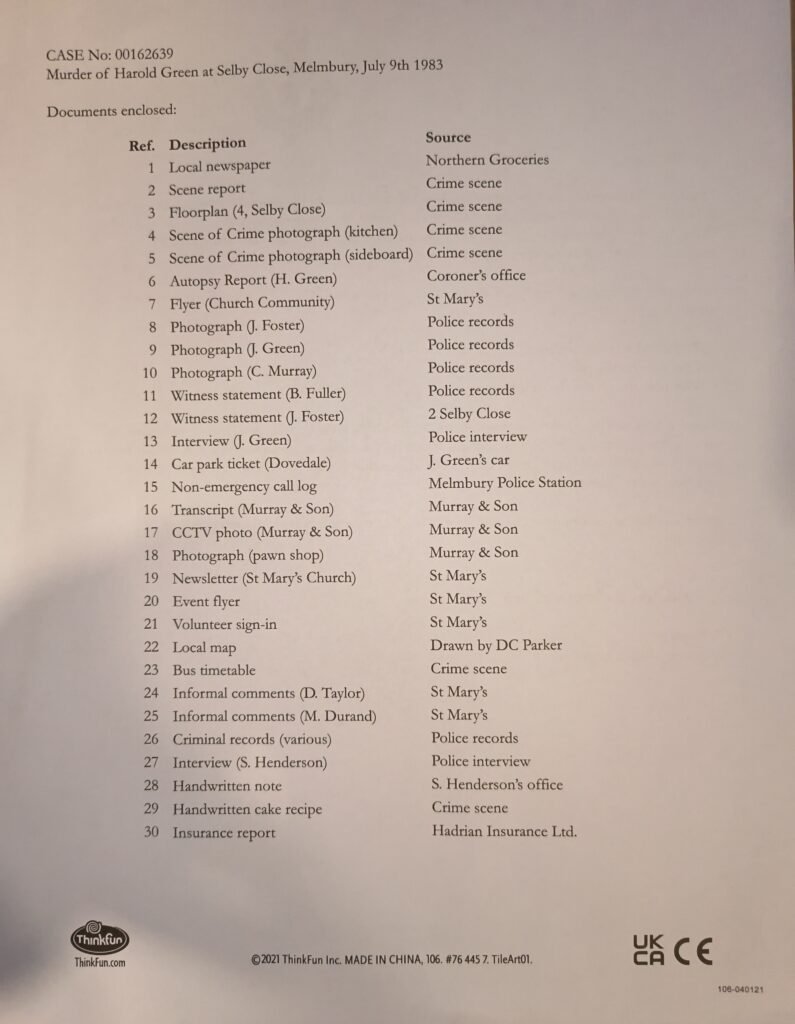 A Pinch of Murder evidence list
